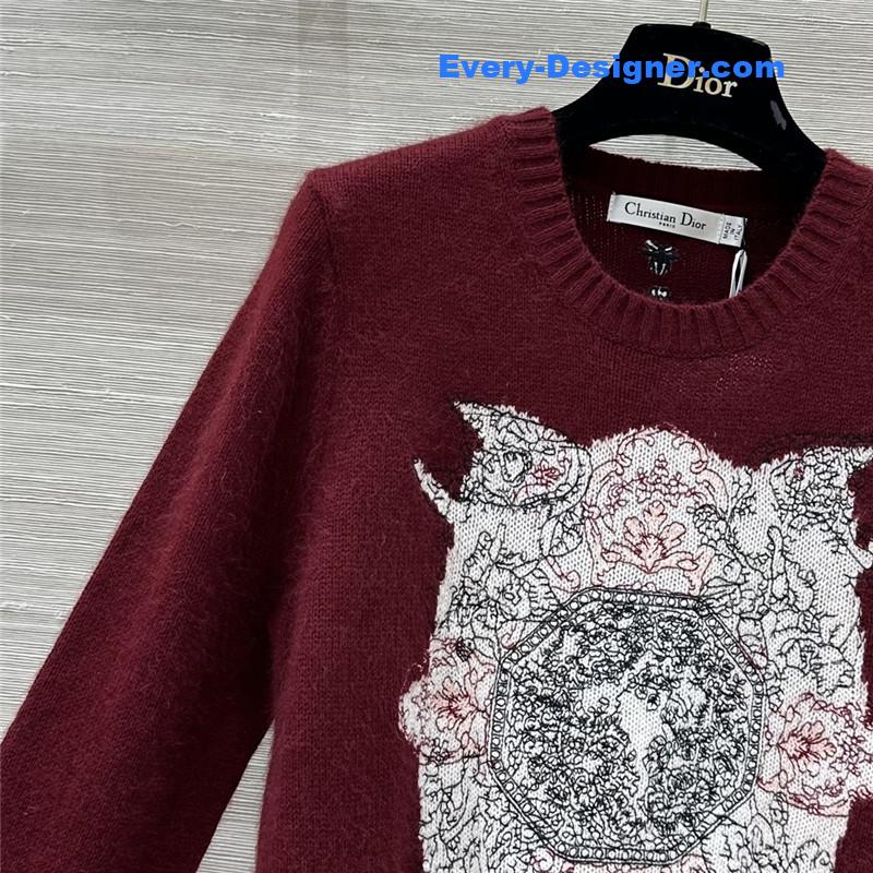 Dior Embroidered Wool Sweater Red