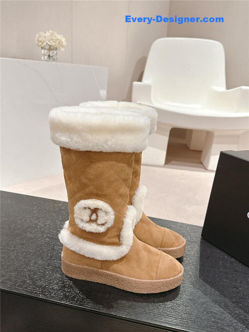Chanel Logo Brown Suede Long Snow Boots