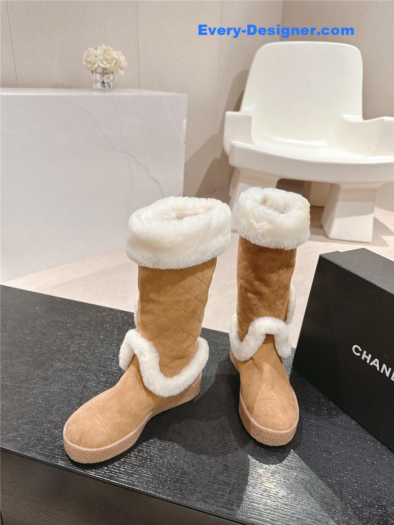 Chanel Logo Brown Suede Long Snow Boots