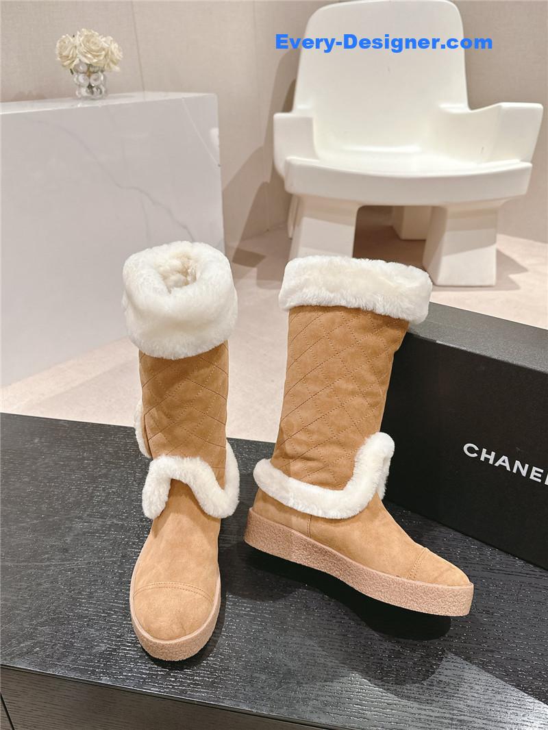 Chanel Logo Brown Suede Long Snow Boots