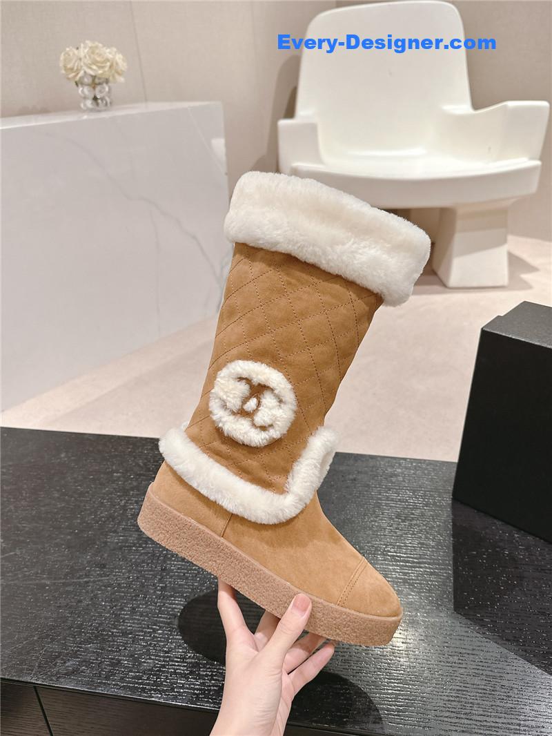 Chanel Logo Brown Suede Long Snow Boots
