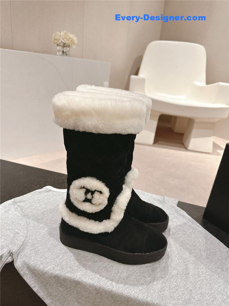 Chanel Logo Black Suede Long Snow Boots