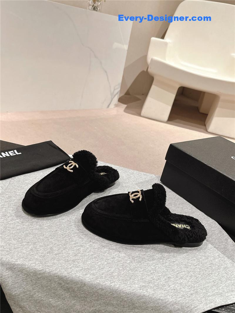 Chanel Suede Wool Mule Loafers in Black