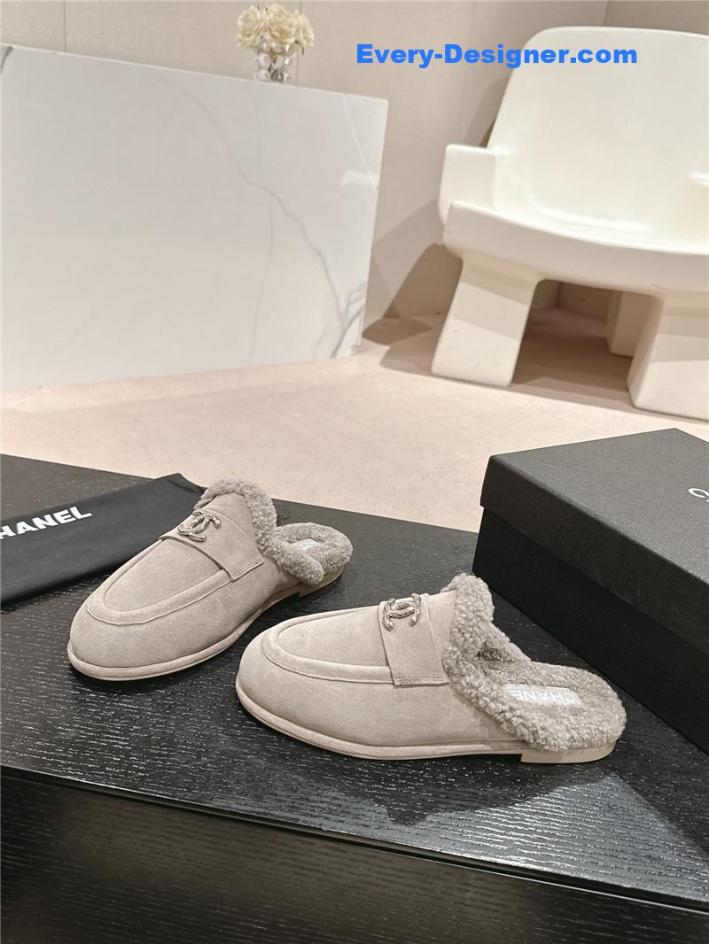 Chanel Calfskin Wool Mule Loafers Grey