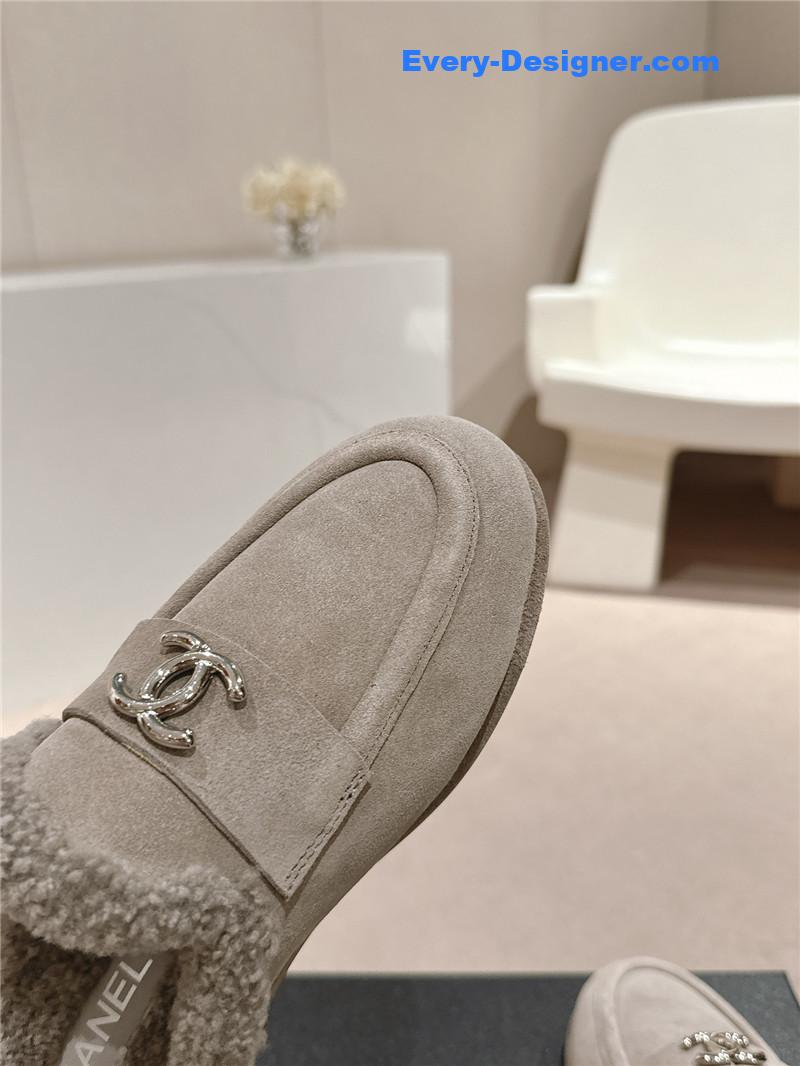 Ch**el calfskin wool mule loafers grey