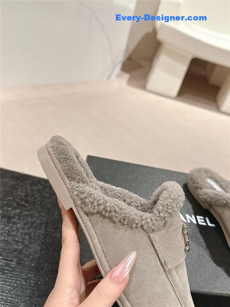 Ch**el calfskin wool mule loafers grey