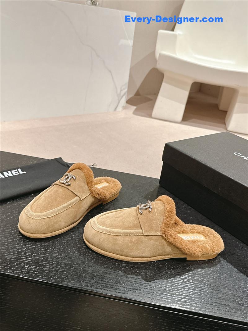 Chanel Calfskin Wool Mule Loafers Beige