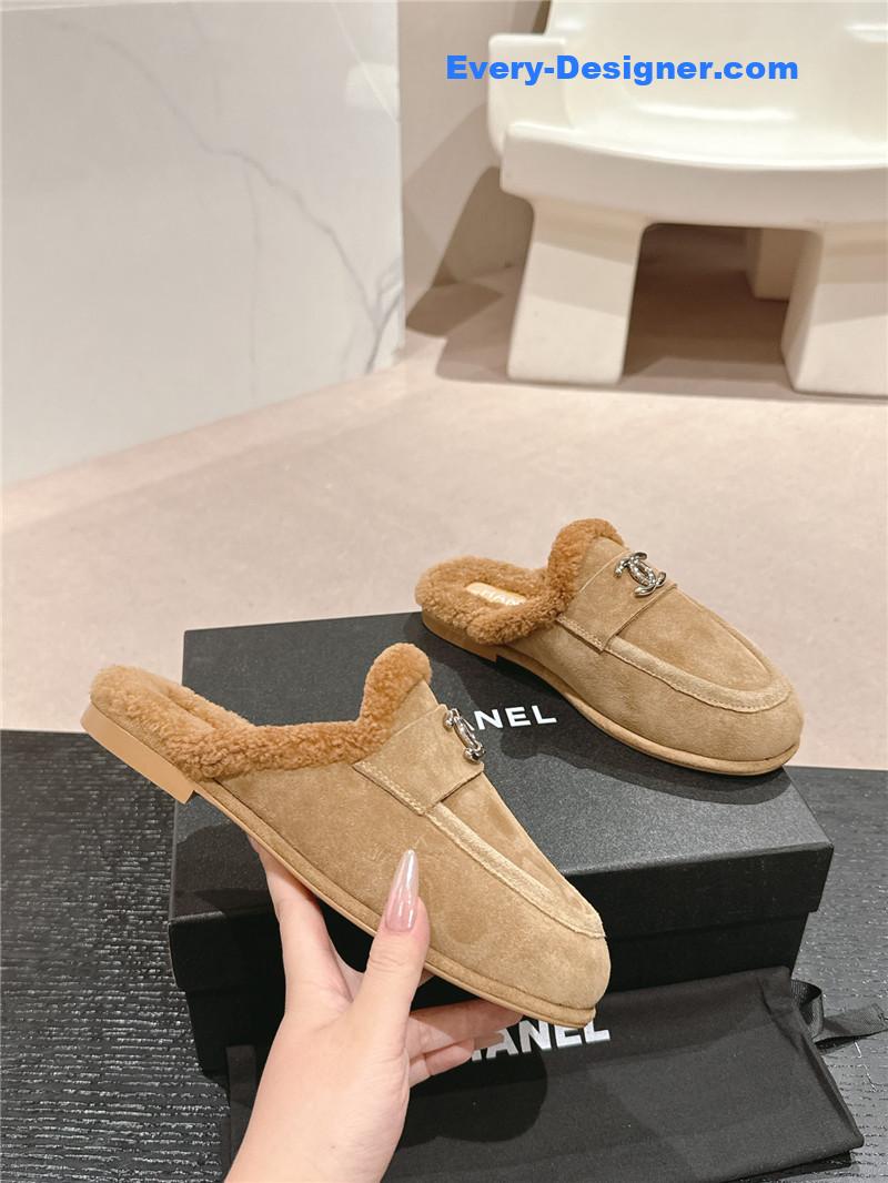 Ch**el calfskin wool mule loafers beige