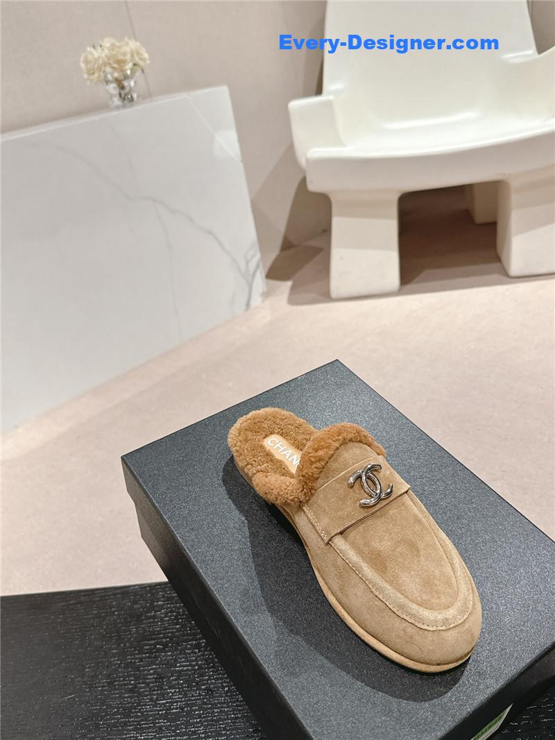 Ch**el calfskin wool mule loafers beige