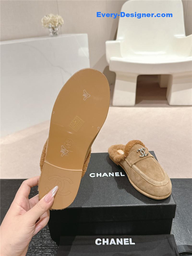 Ch**el calfskin wool mule loafers beige