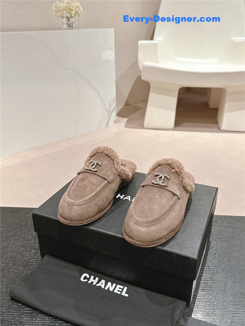 Ch**el calfskin wool mule loafers camel