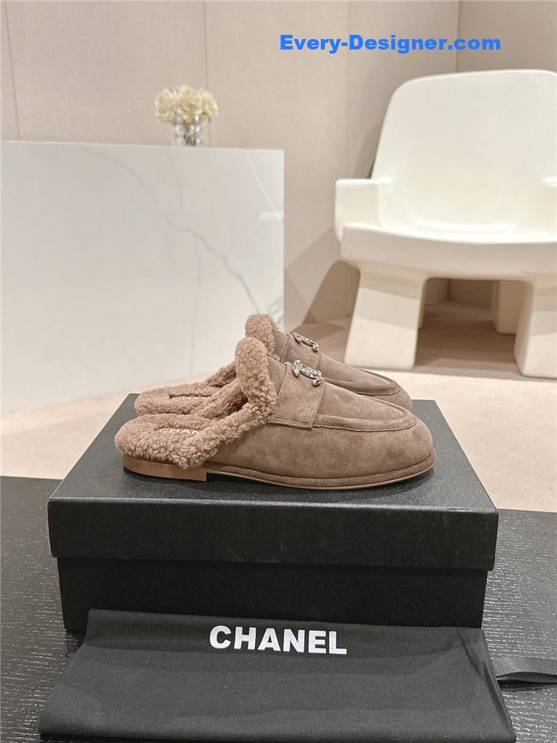 Ch**el calfskin wool mule loafers camel