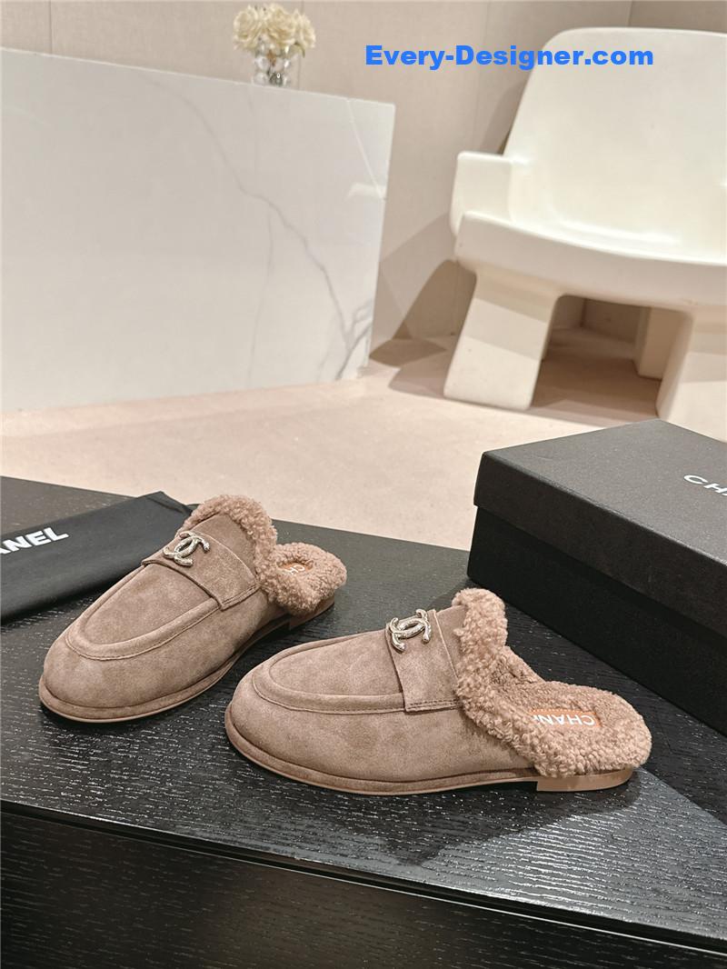 Chanel Calfskin Wool Mule Loafers Camel