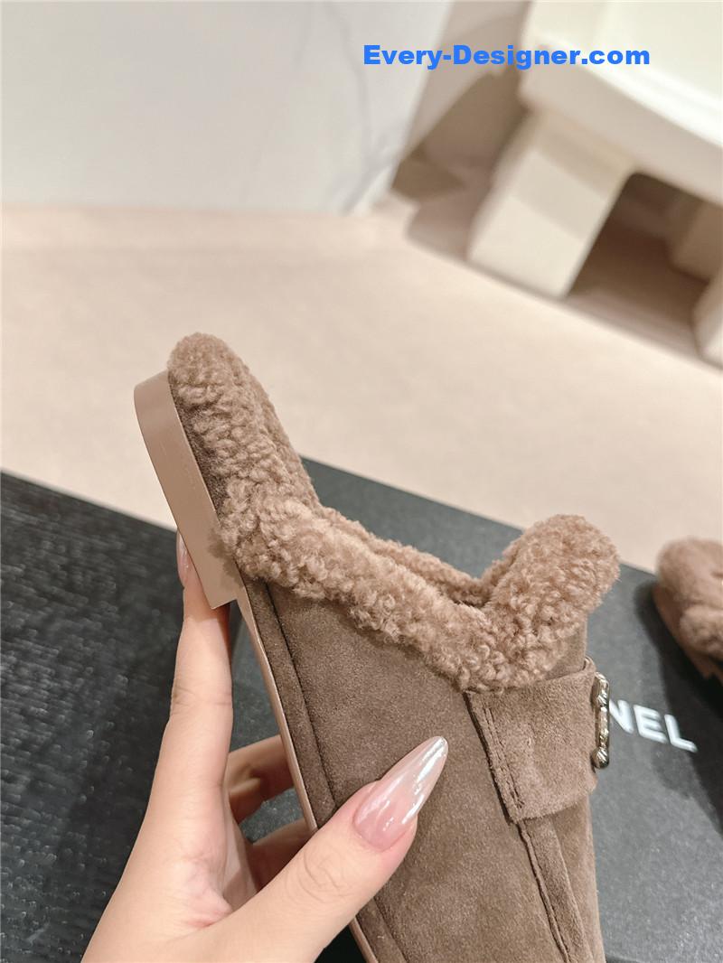 Ch**el calfskin wool mule loafers camel