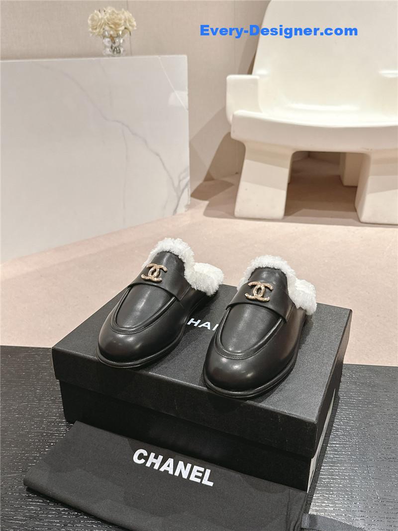 Ch**el calfskin wool mule loafers in black