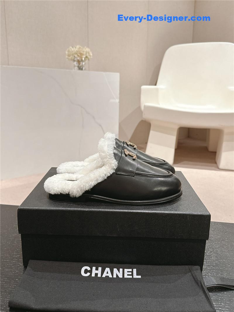 Ch**el calfskin wool mule loafers in black