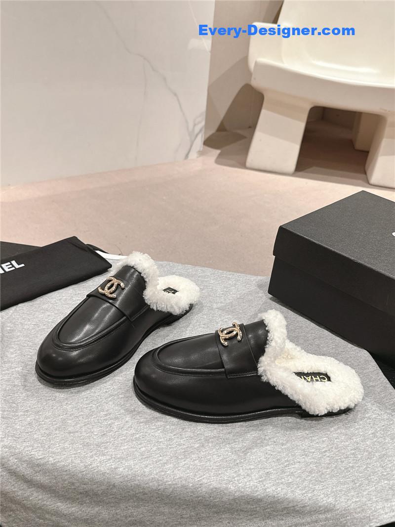 Chanel Calfskin Wool Mule Loafers in Black