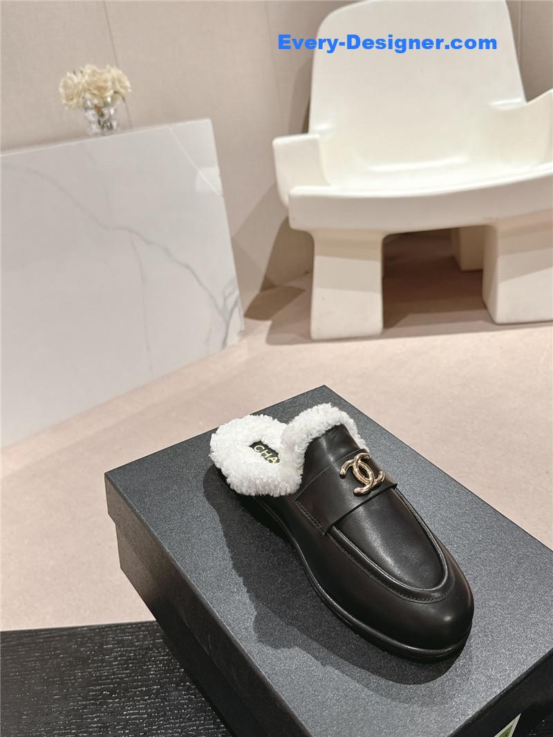 Ch**el calfskin wool mule loafers in black