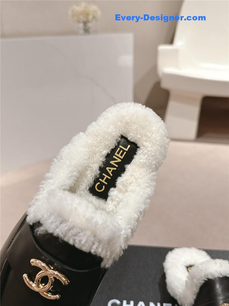 Ch**el calfskin wool mule loafers in black