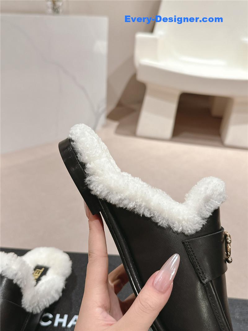 Ch**el calfskin wool mule loafers in black