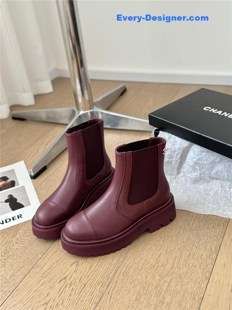 Chanel Burgundy Calfskin Cap Toe Ankle Boots