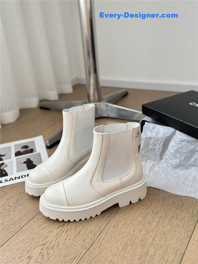 Ch**el white calfskin cap toe ankle boots