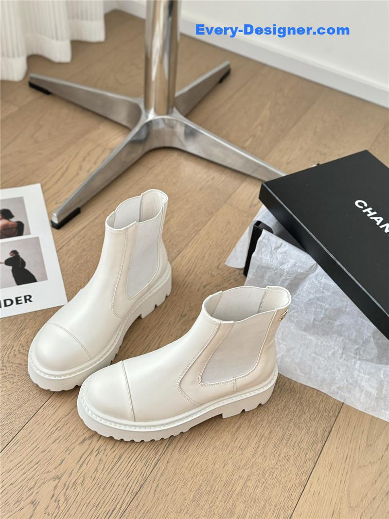 Chanel White Calfskin Cap Toe Ankle Boots