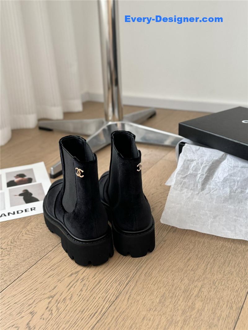 Ch**el black suede calfskin grosgrain cap toe ankle boots