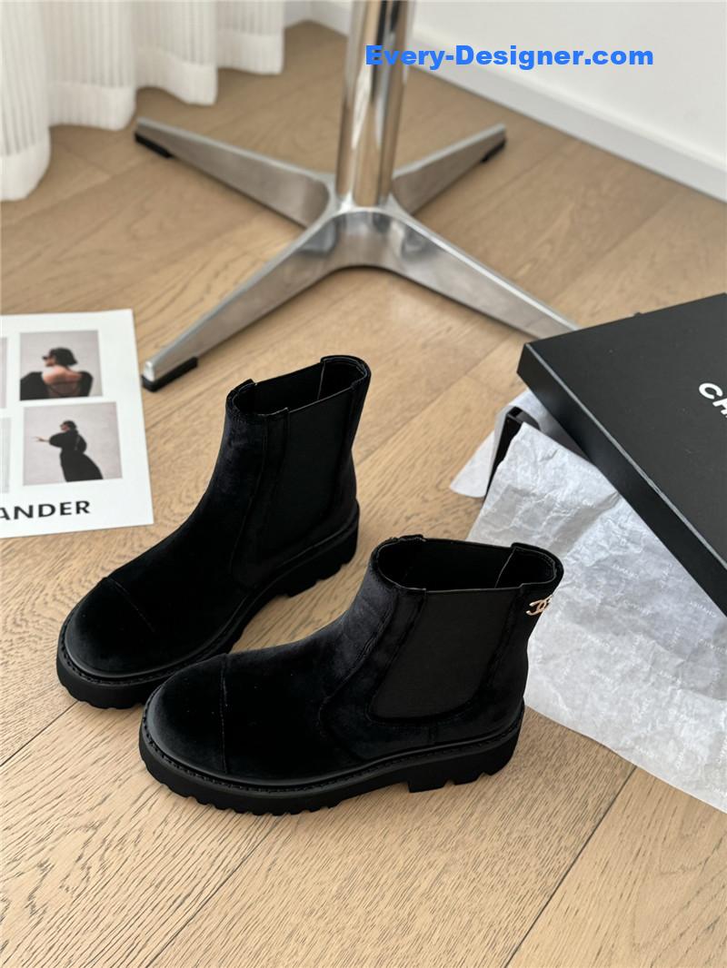 Ch**el black suede calfskin grosgrain cap toe ankle boots