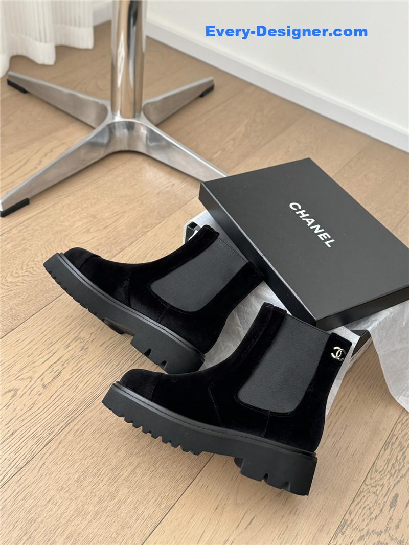 Ch**el black suede calfskin grosgrain cap toe ankle boots