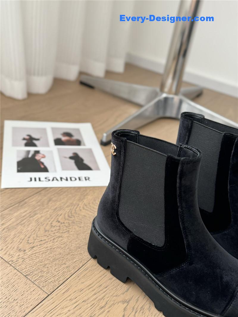 Ch**el black suede calfskin grosgrain cap toe ankle boots