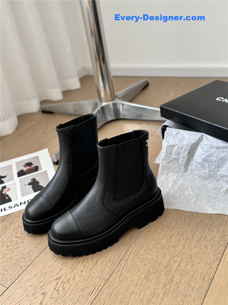 Chanel Black Leather Calfskin Cap Toe Ankle Boots