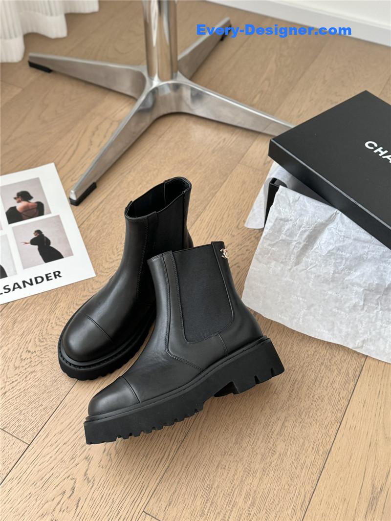 Ch**el black leather calfskin cap toe ankle boots