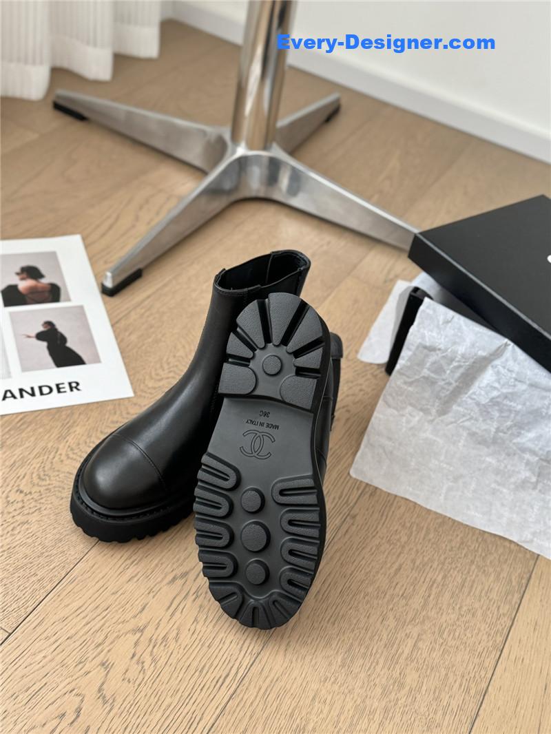 Ch**el black leather calfskin cap toe ankle boots