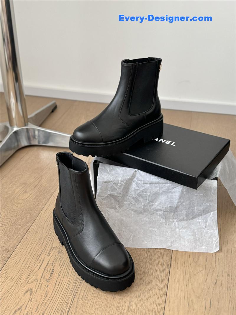 Ch**el black leather calfskin cap toe ankle boots