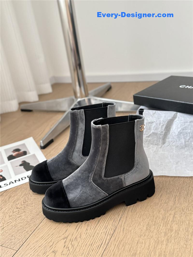 Chanel Suede Calfskin Grosgrain Cap Toe Ankle Boots