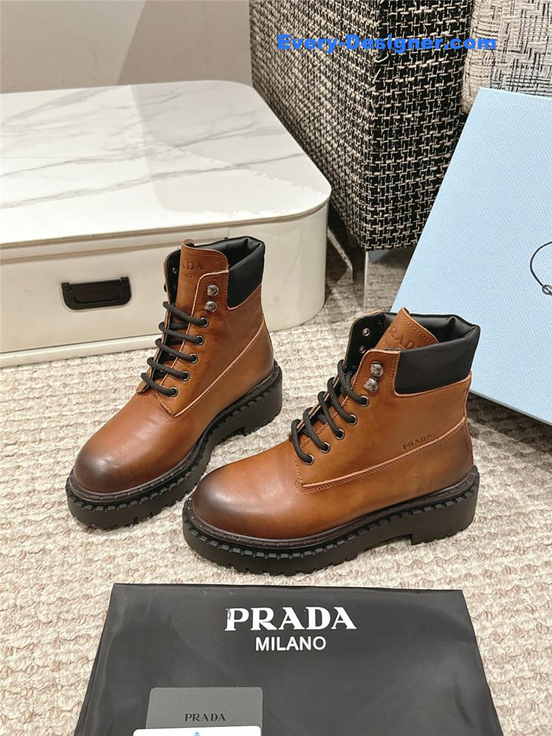 Prada Leather Platform Ankle Boots In Brown