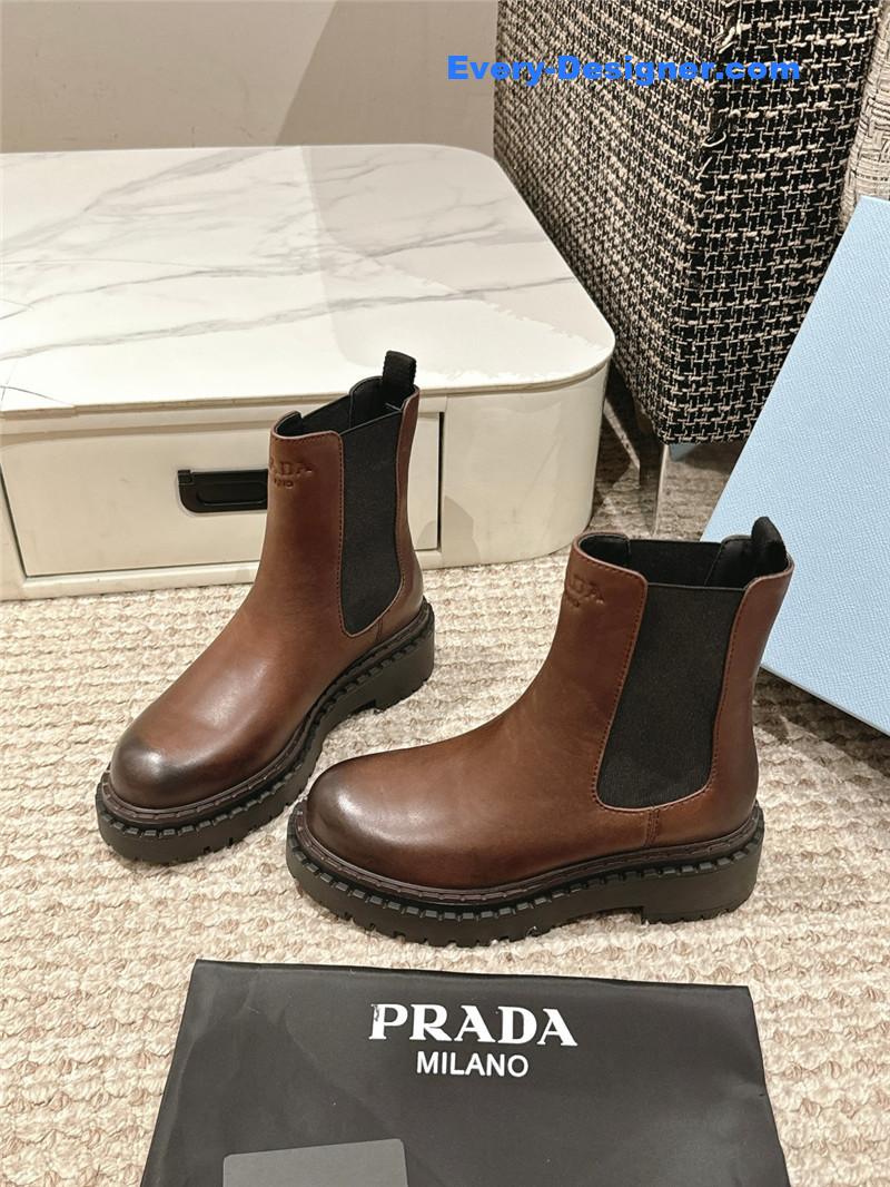 Prada Brown Calfskin Chelsea Ankle Boots