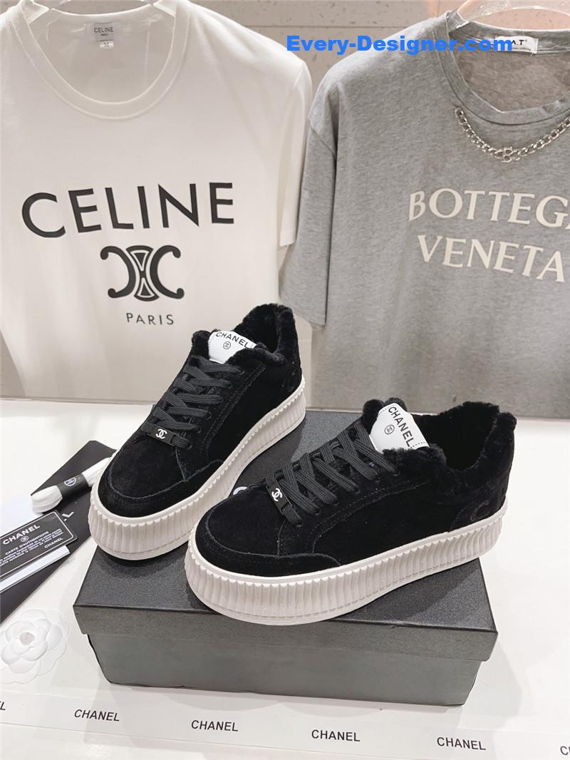 Chanel Black Suede Leather Lace-Up Platform Sneakers