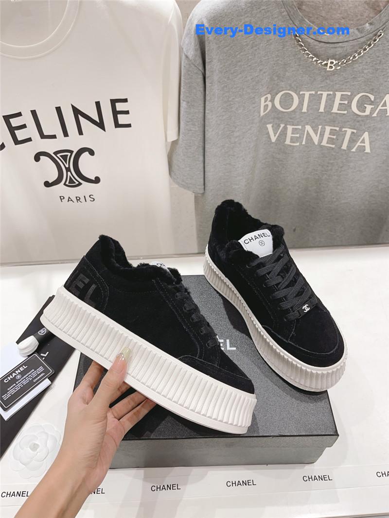 Ch**el black suede leather lace-up platform sneakers