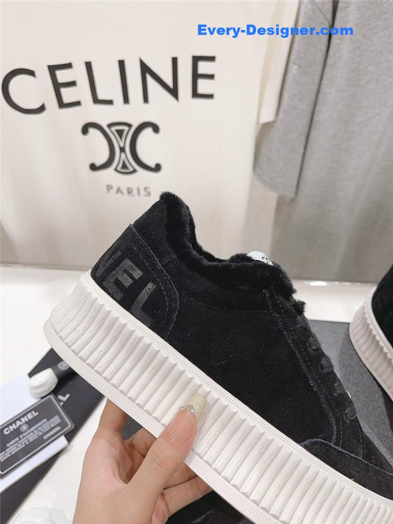 Ch**el black suede leather lace-up platform sneakers