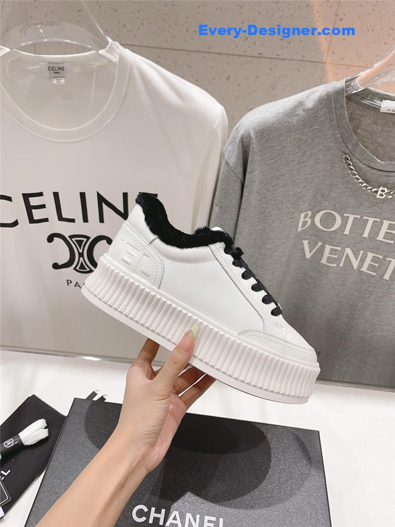 Ch**el white leather lace-up platform sneakers