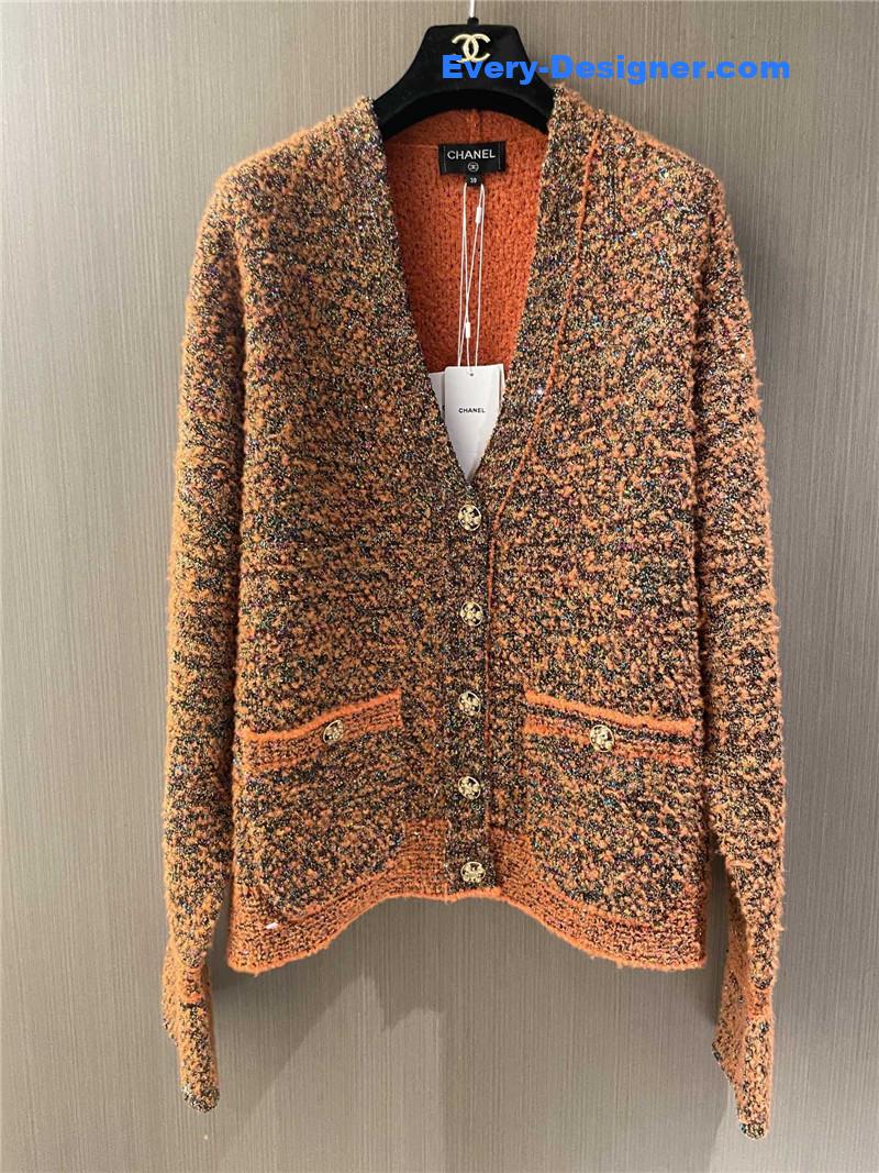 Chanel Orange V-Neck Blend Knit Sweater