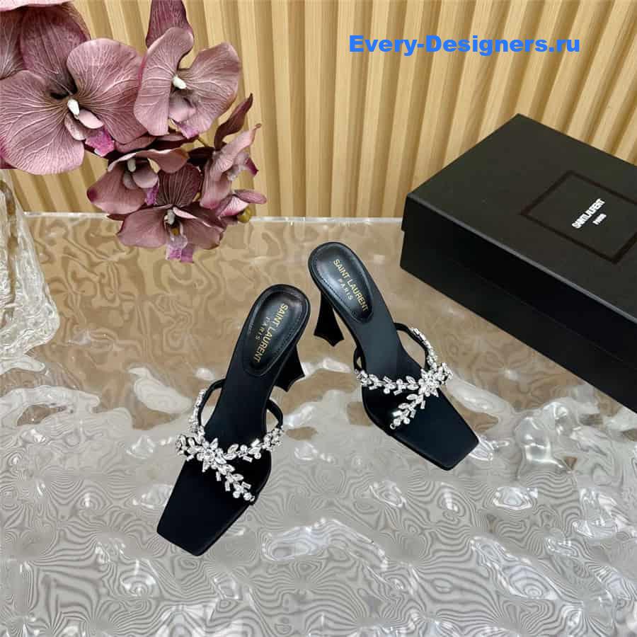 Y51 liz mules in black satin crepe with rhinestones