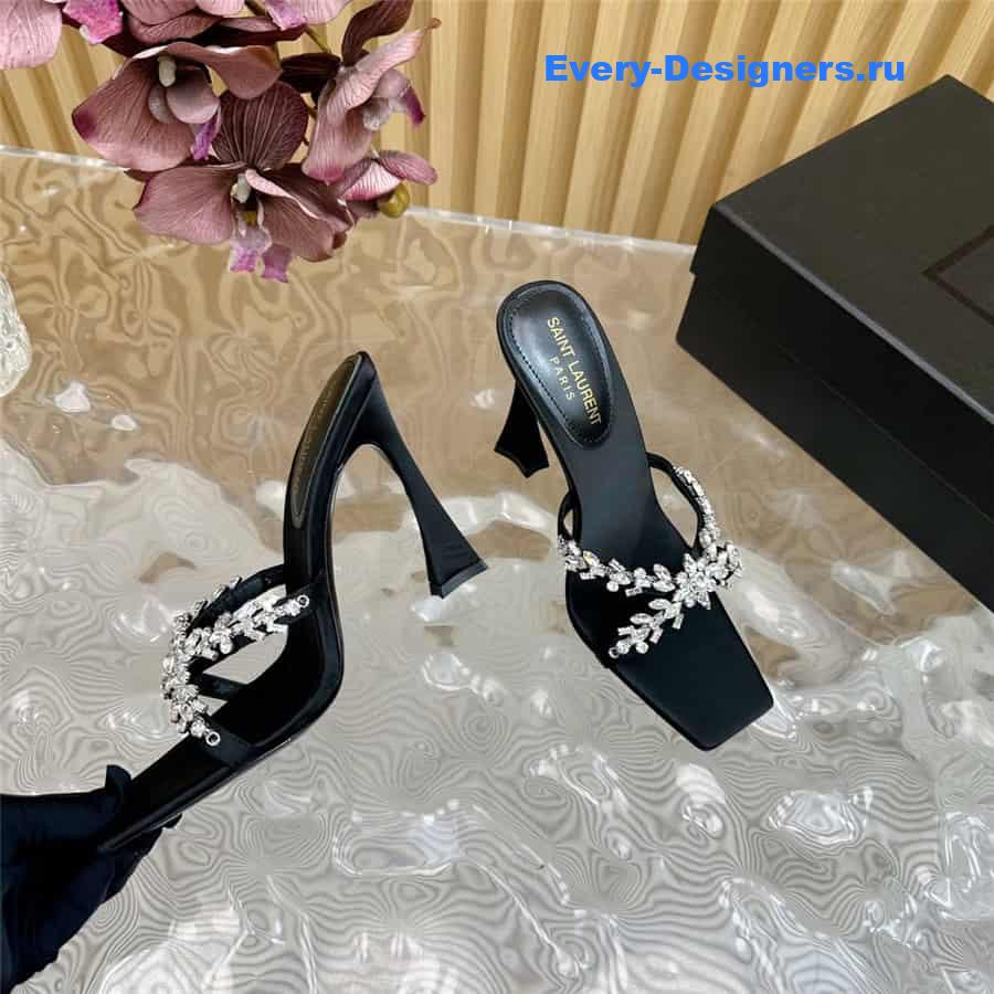 Y51 liz mules in black satin crepe with rhinestones