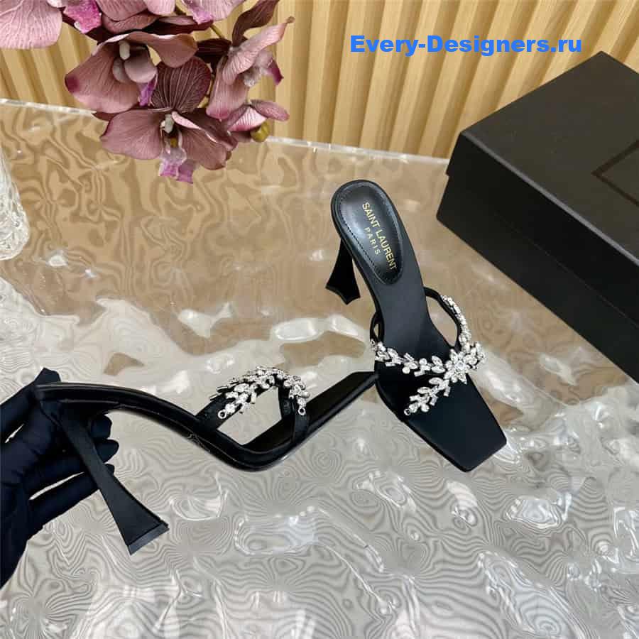 Y51 liz mules in black satin crepe with rhinestones