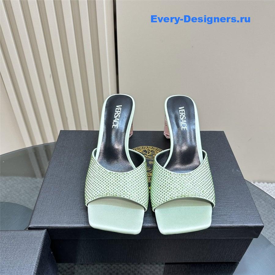 Versace Chunky Crystal Perfume Heels Mules in Mint