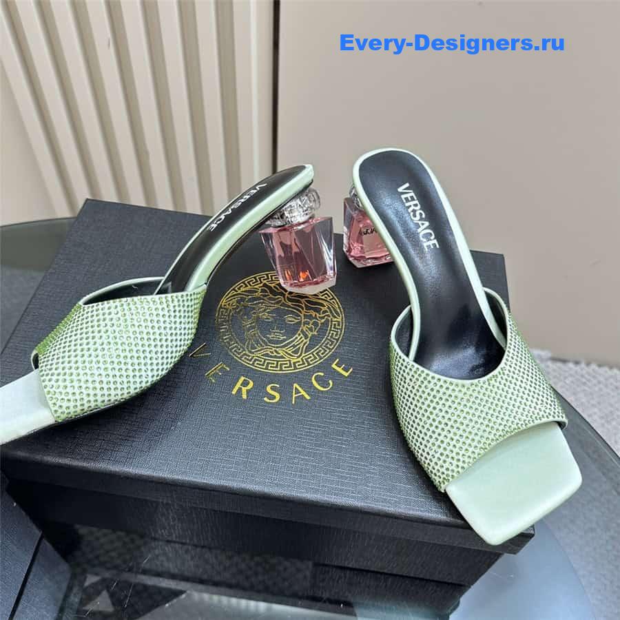 Versace Chunky Crystal Perfume Heels Mules in Mint
