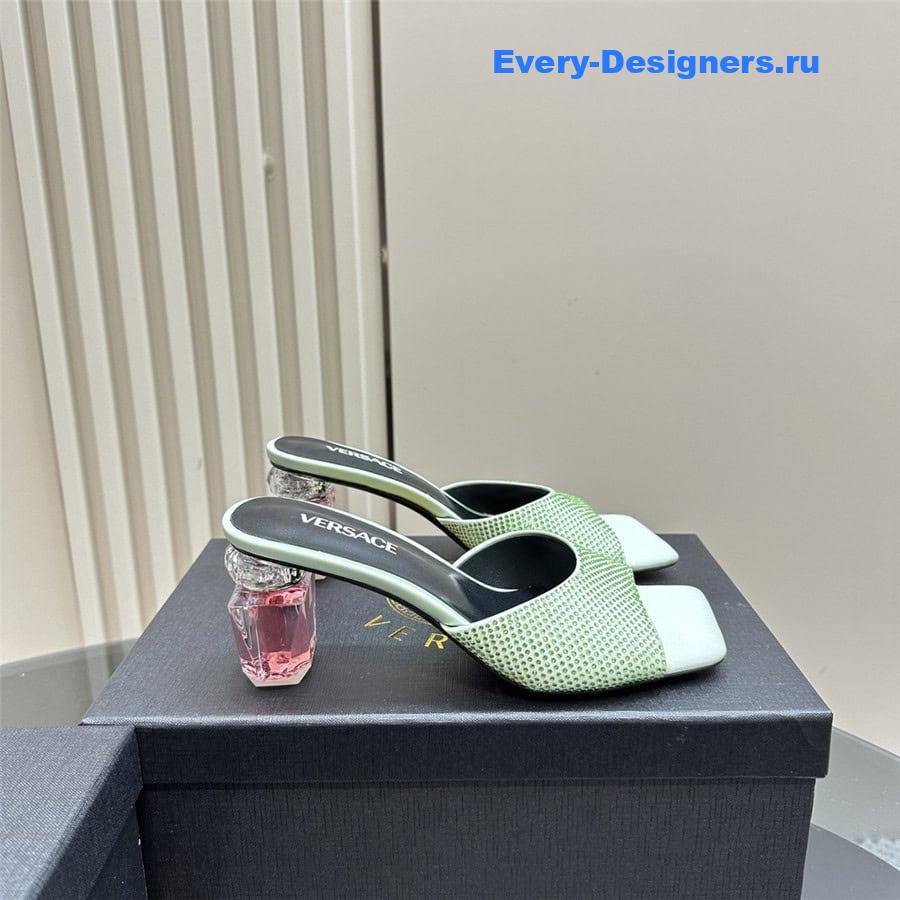 Versace Chunky Crystal Perfume Heels Mules in Mint