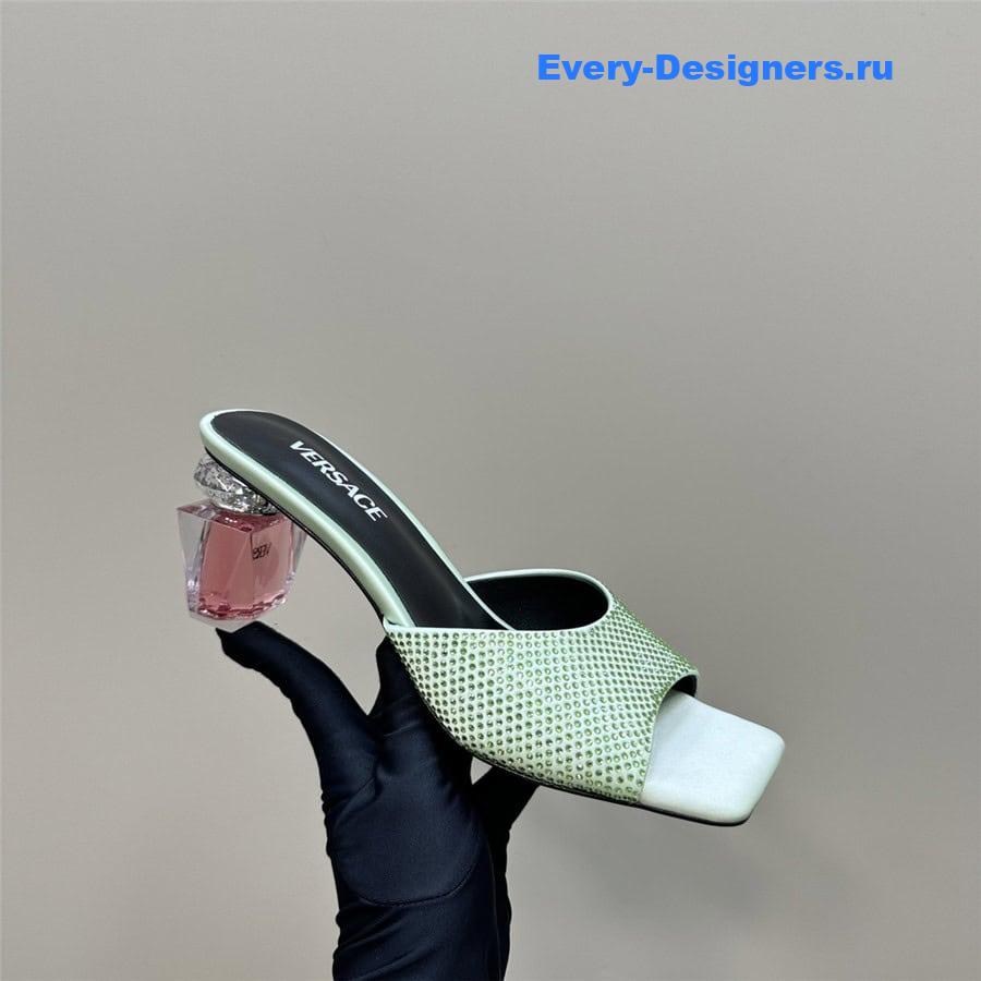 Versace Chunky Crystal Perfume Heels Mules in Mint